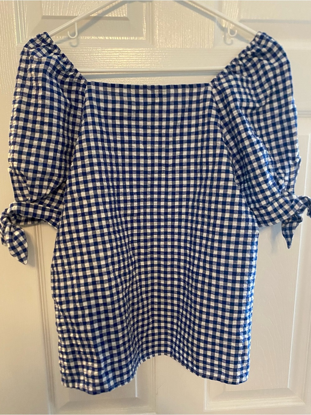 Banana Republic Blue and White Gingham Puff-Sleeve Top